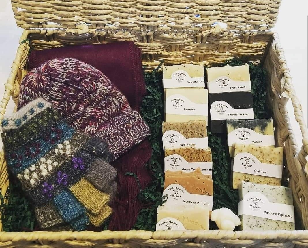 Custom giftbox with Cricket Meadows soaps, hat, scarf, and mitts.