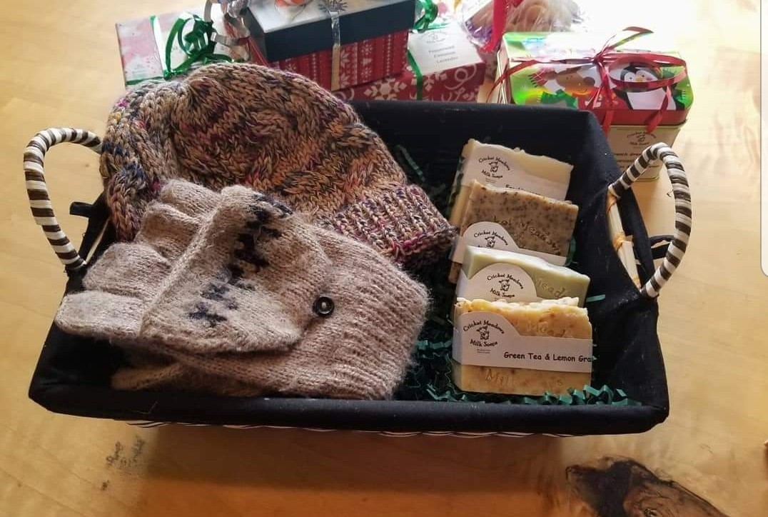 Custom giftbox with Cricket Meadows soaps, hat, and mitts.