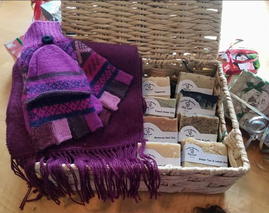 Custom giftbox with Cricket Meadows soaps, mitts, and scarf.