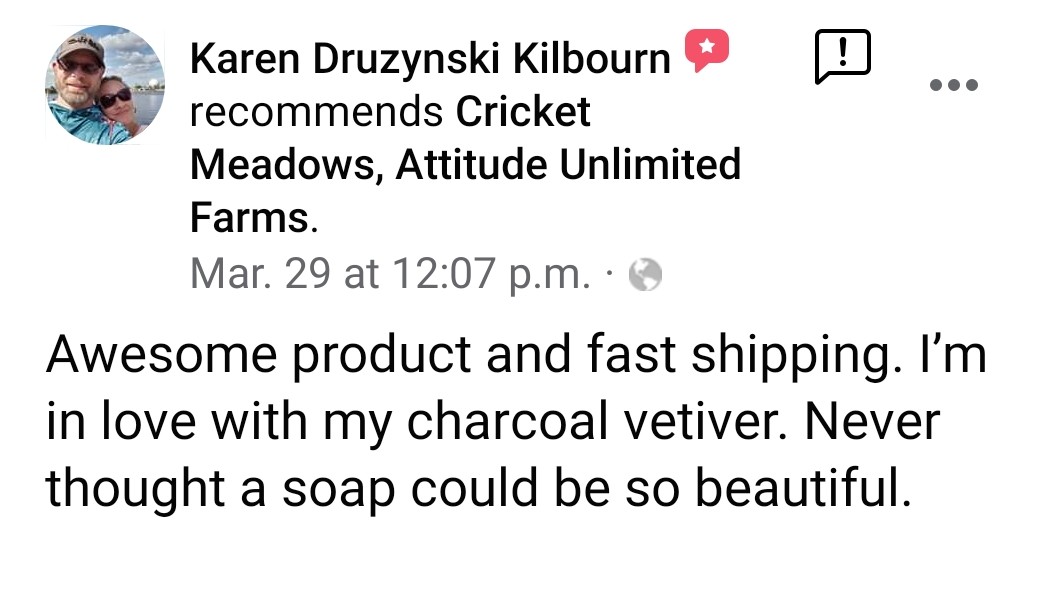 Awesome product and fast shipping. I'm in love with my charcoal vetiver. Never thought a soap could be so beautiful. dated Mar 29, 2020 by Karen Kilbourn